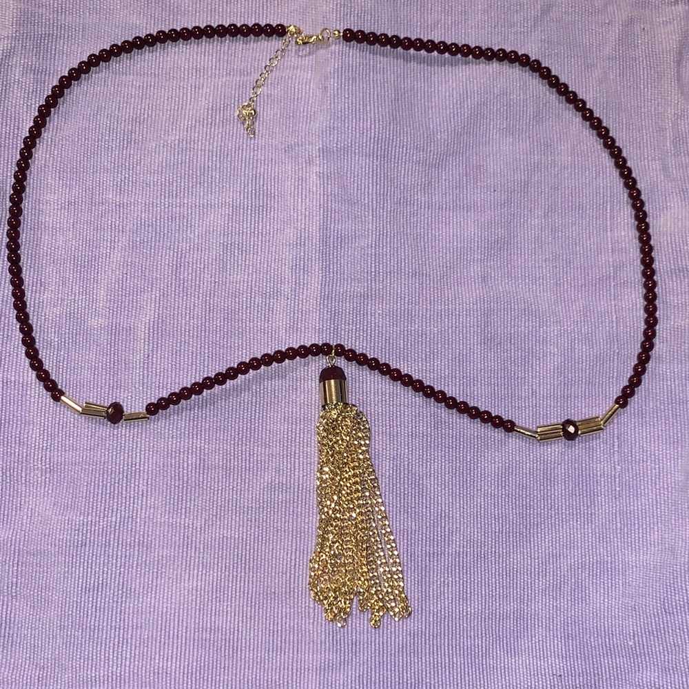 Gold and Burgundy Tassel Beaded Necklace